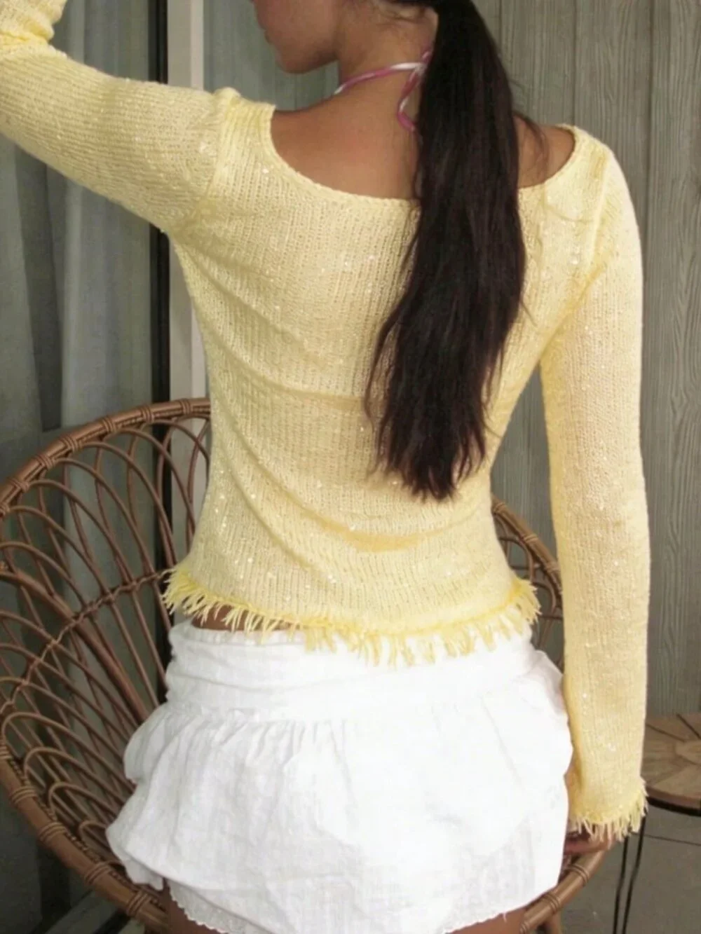 Apricot Bohemian Women's Knit Cardigan with Tie Hollow-Out Tassel Patchwork
